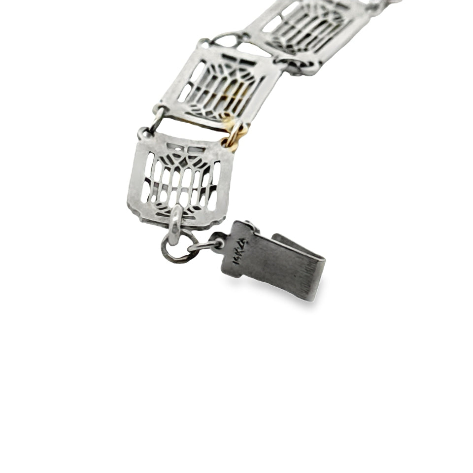 Art Deco Green Stone 14K White Gold Filigree Bracelet