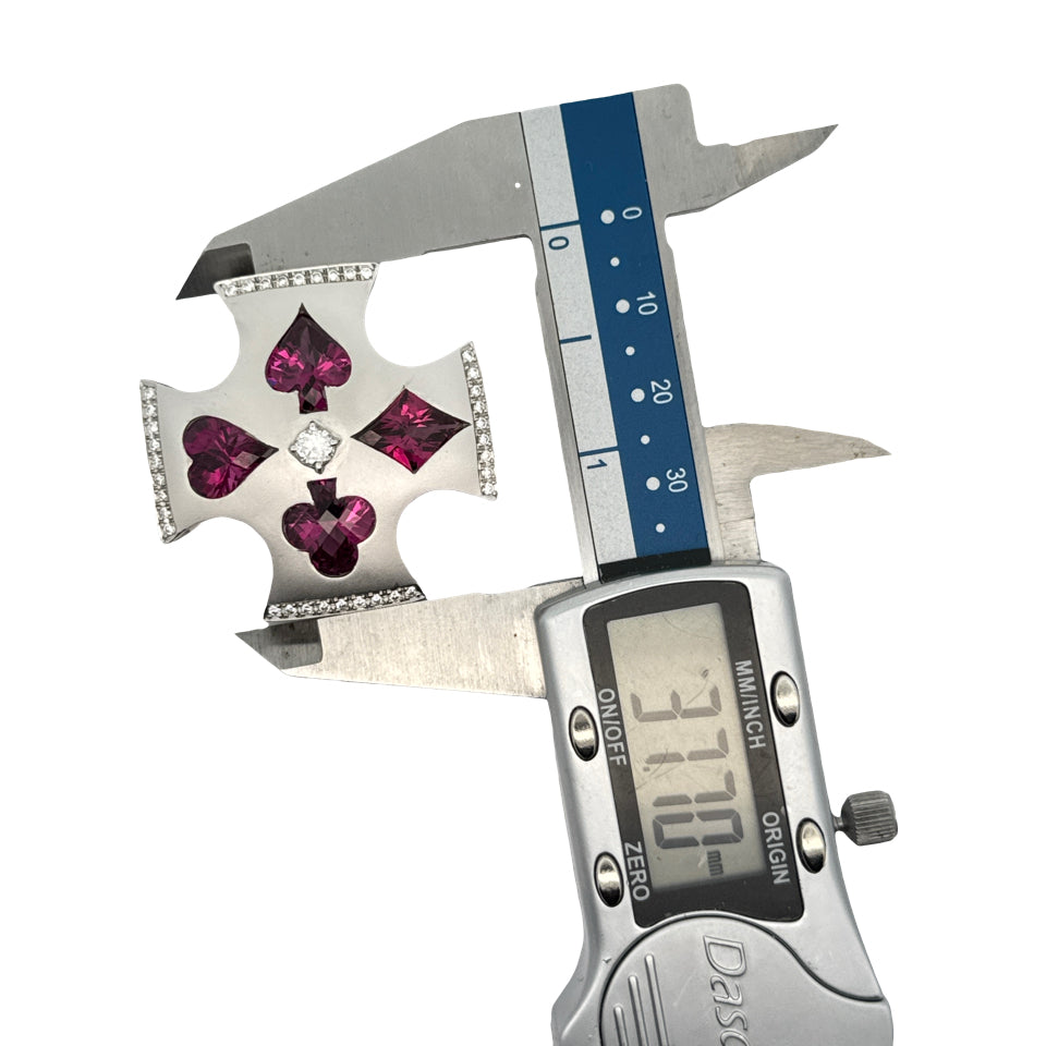 Custom Made Garnet and Diamond 18K White Gold Playing Card Suit Pendant