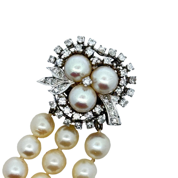 Multi Row Cultured Pearl and Diamond 14k White Gold Bracelet