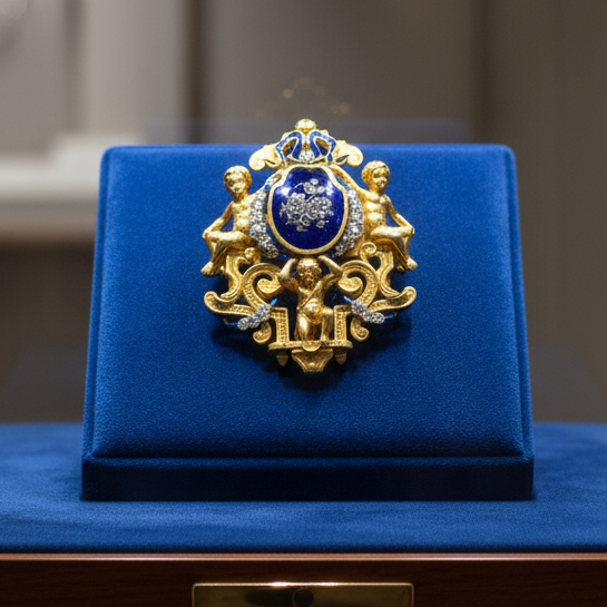 Austrian 1820 Georgian Blue Enamel and Rose Cut Diamond 18kt Yellow Gold Pendant/Brooch