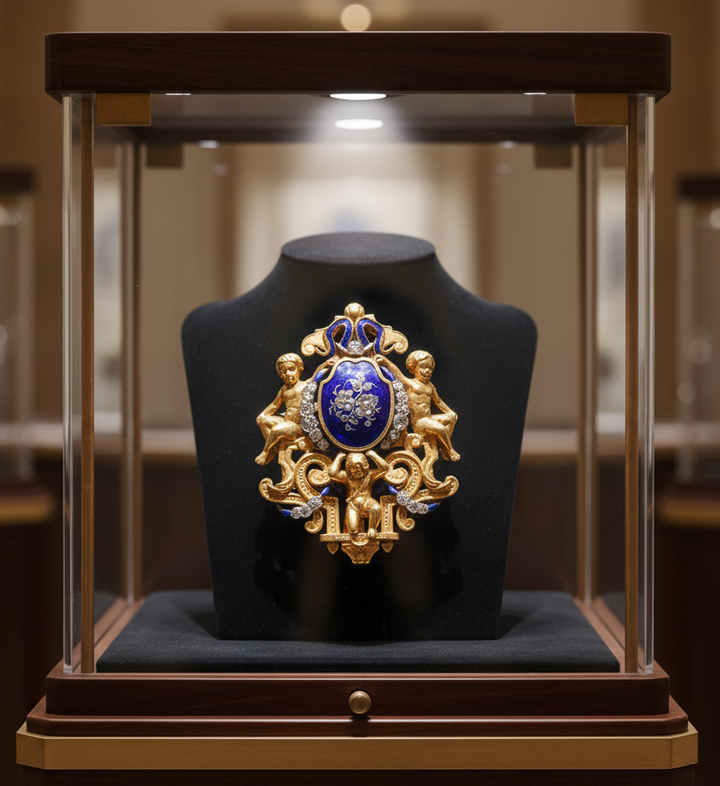 Austrian 1820 Georgian Blue Enamel and Rose Cut Diamond 18kt Yellow Gold Pendant/Brooch