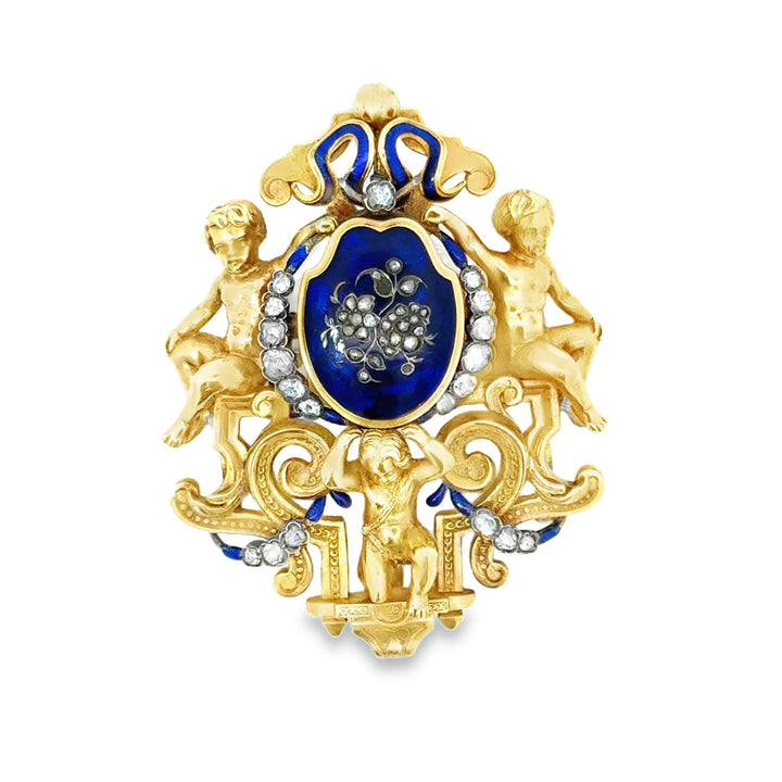 Austrian 1820 Georgian Blue Enamel and Rose Cut Diamond 18kt Yellow Gold Pendant/Brooch