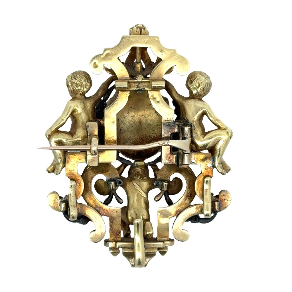 Austrian 1820 Georgian Blue Enamel and Rose Cut Diamond 18kt Yellow Gold Pendant/Brooch