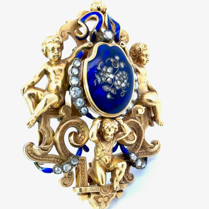 Austrian 1820 Georgian Blue Enamel and Rose Cut Diamond 18kt Yellow Gold Pendant/Brooch