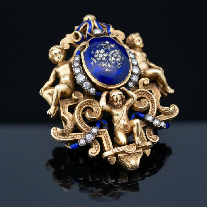 Austrian 1820 Georgian Blue Enamel and Rose Cut Diamond 18kt Yellow Gold Pendant/Brooch