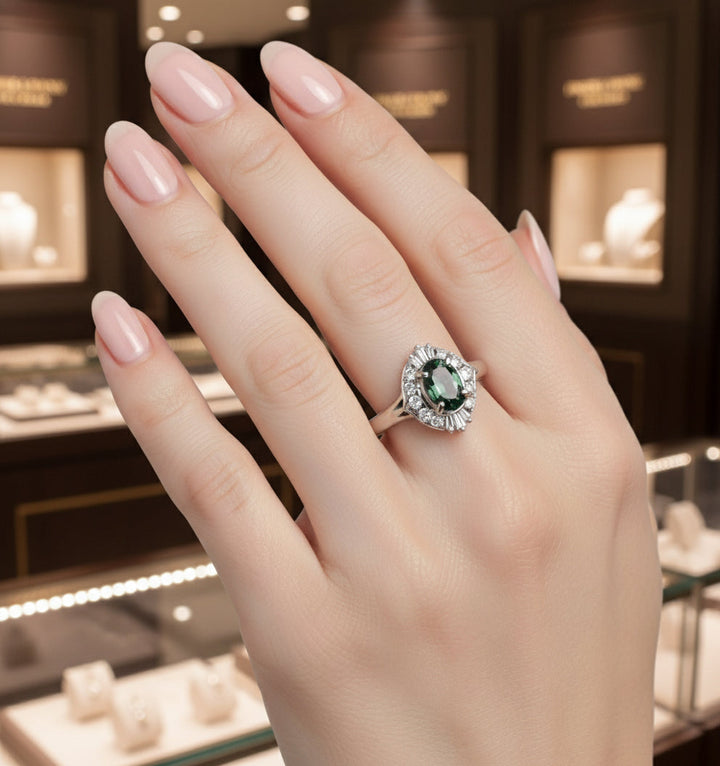 Natural Color Change Alexandrite and Diamond Platinum Ring