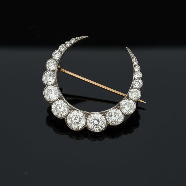 Victorian Crescent Moon Diamond Platinum/18K Yellow Gold Brooch