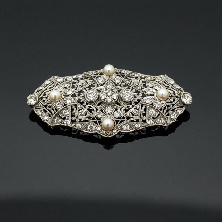 Art Deco Cultured Pearl and Diamond Platinum Brooch