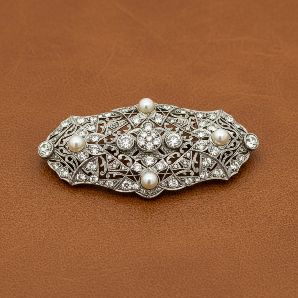 Art Deco Cultured Pearl and Diamond Platinum Brooch