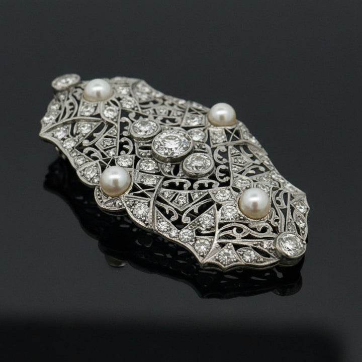 Art Deco Cultured Pearl and Diamond Platinum Brooch