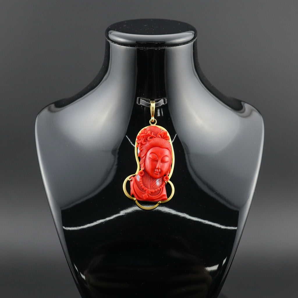 Modern Circa 1950's Carved Red Coral Pendant Mounted 18Kt Yellow Gold