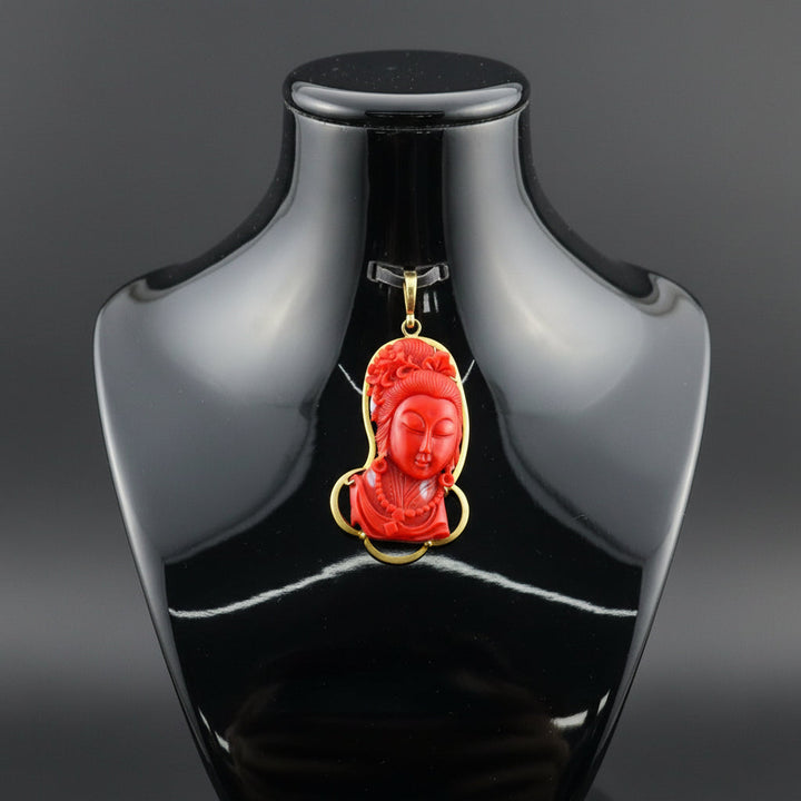 Modern Circa 1950's Carved Red Coral Pendant Mounted 18Kt Yellow Gold