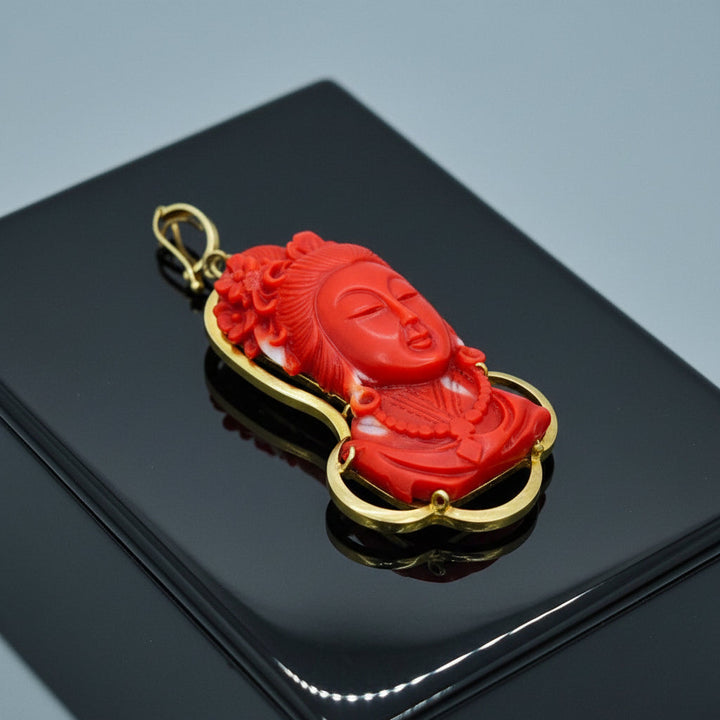 Modern Circa 1950's Carved Red Coral Pendant Mounted 10Kt Yellow Gold
