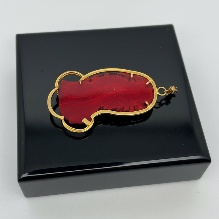 Modern Circa 1950's Carved Red Coral Pendant Mounted 10Kt Yellow Gold