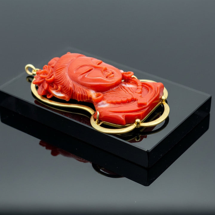 Modern Circa 1950's Carved Red Coral Pendant Mounted 18Kt Yellow Gold