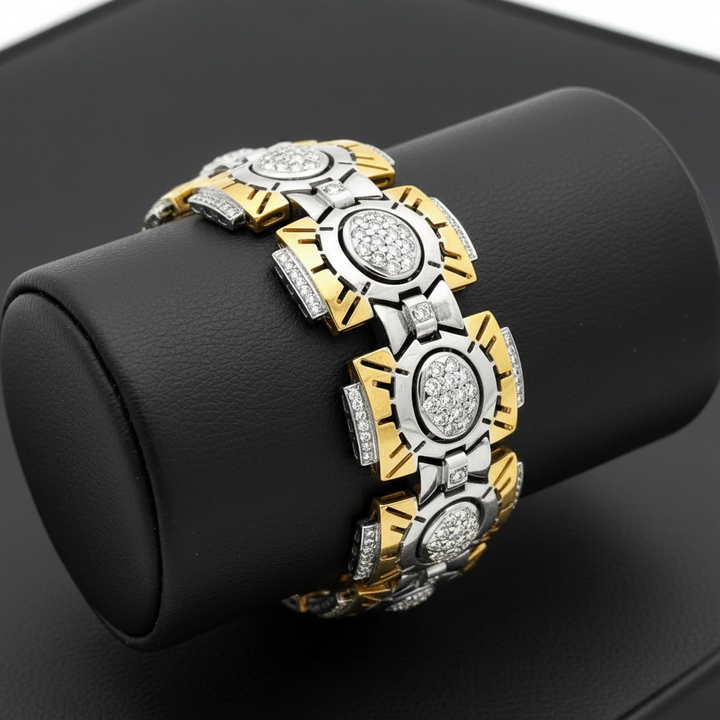 Modern Two Tone 18K Diamond Wide Bracelet