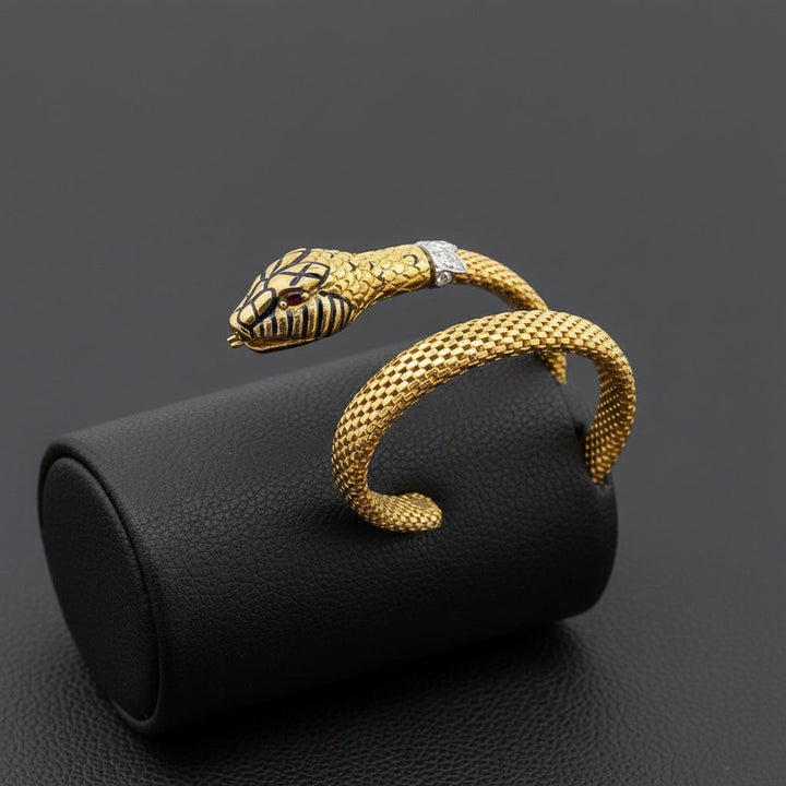 Italian Snake 18K Diamond, Ruby and Blue Enamel Bangle