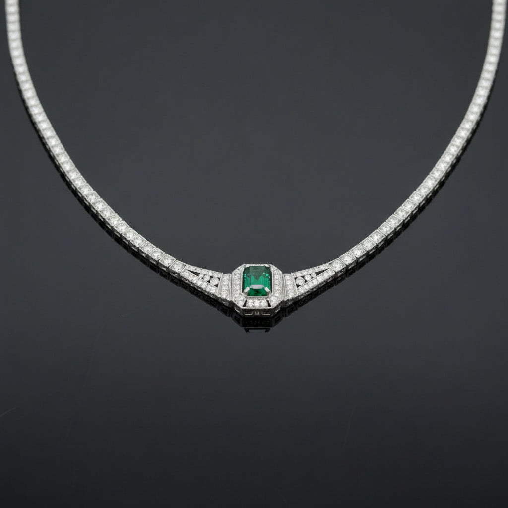 Columbian Emerald and Diamond 14K White Gold necklace