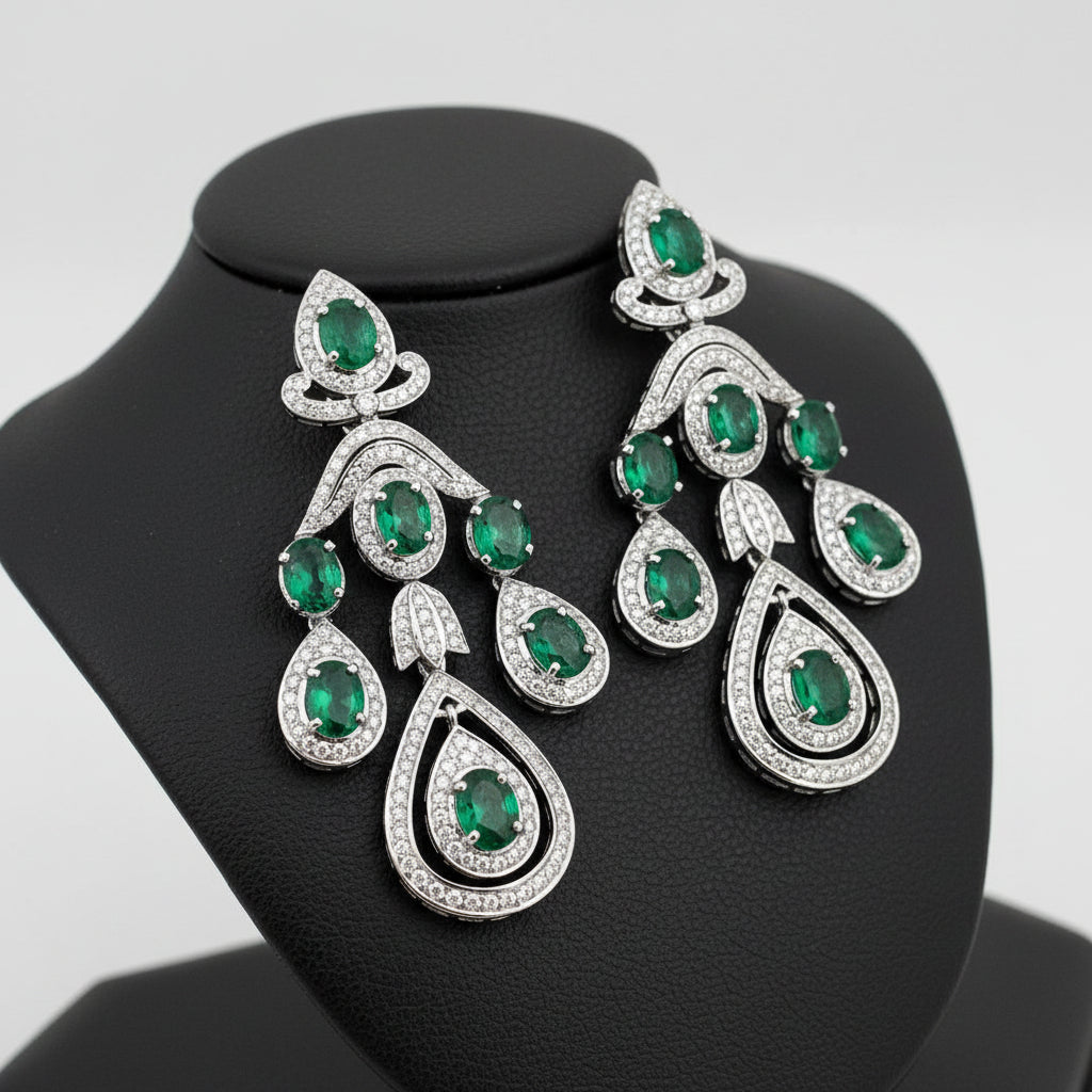Estate Emerald and Diamond 18K White Gold Necklace and Earring Set