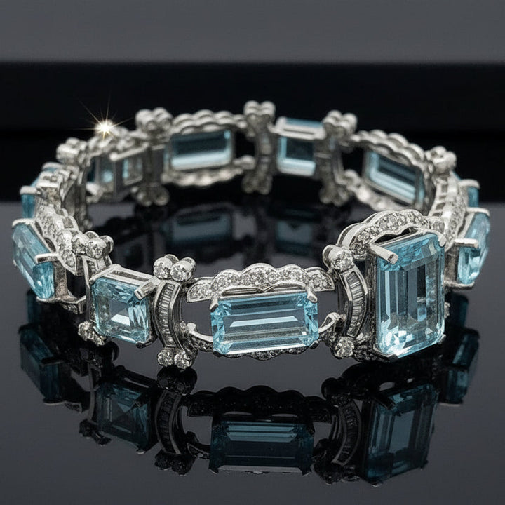Modern Diamond and Blue Topaz 18K White Gold Bracelet