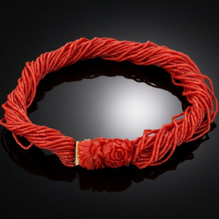 18Kt Yellow Gold and Carved Coral Multi Strand Necklace