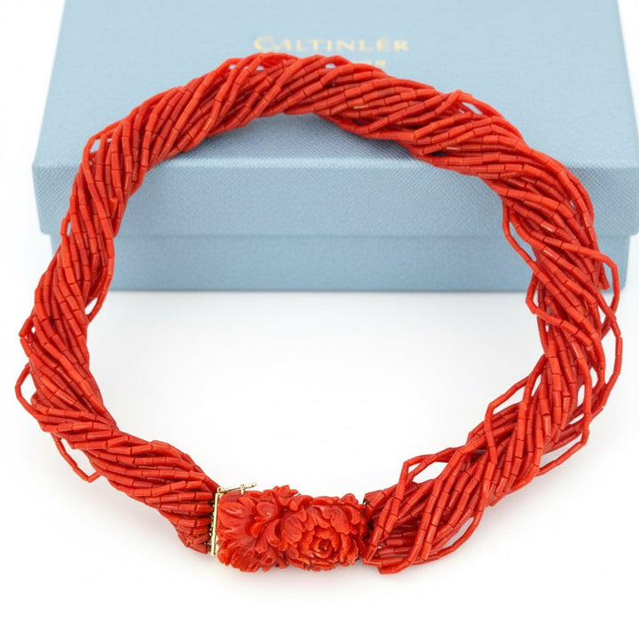 18Kt Yellow Gold and Carved Coral Multi Strand Necklace