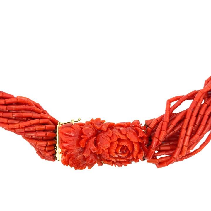 18Kt Yellow Gold and Carved Coral Multi Strand Necklace