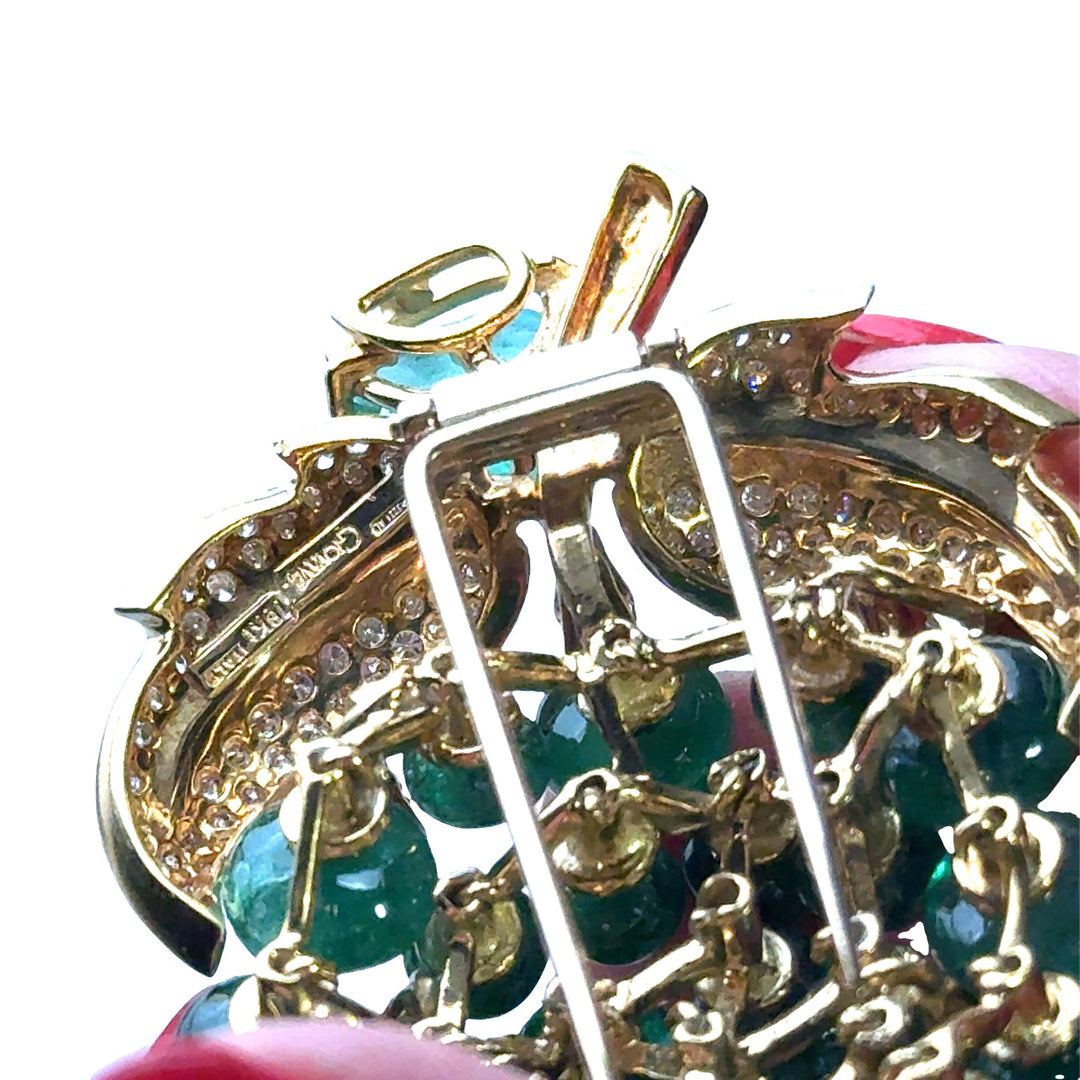 Italian Designer Giovane Emerald Diamond 18Kt White and Yellow Gold Earring and Brooch/Pendant Set