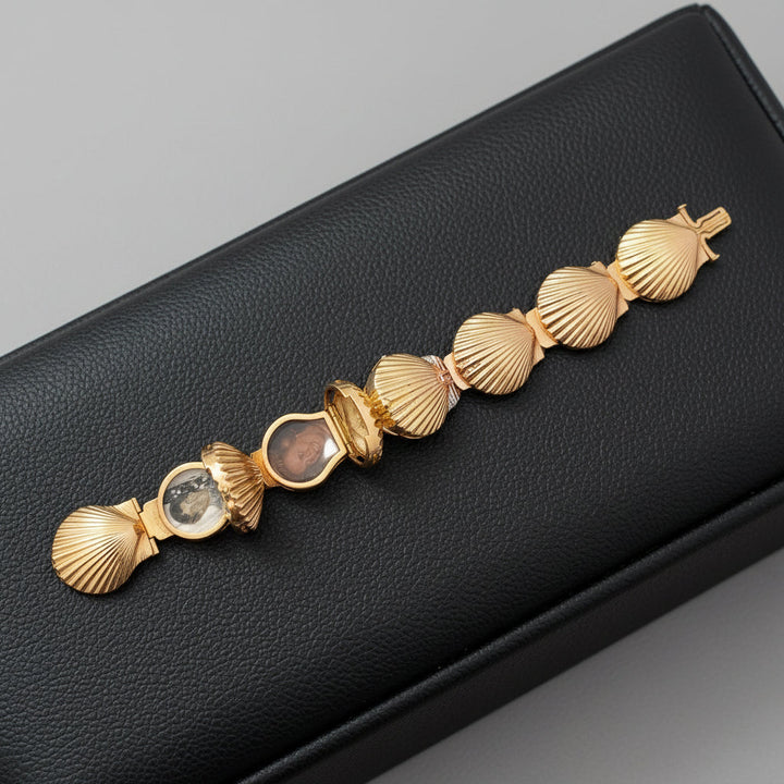 Retro 1940's Clam Watch and Diamond, Ruby Locket Bracelet.