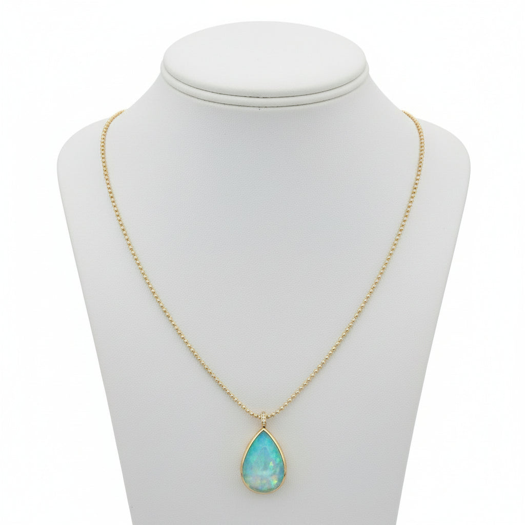 Custom Made Opal and Diamond 14K Yellow Gold Necklace