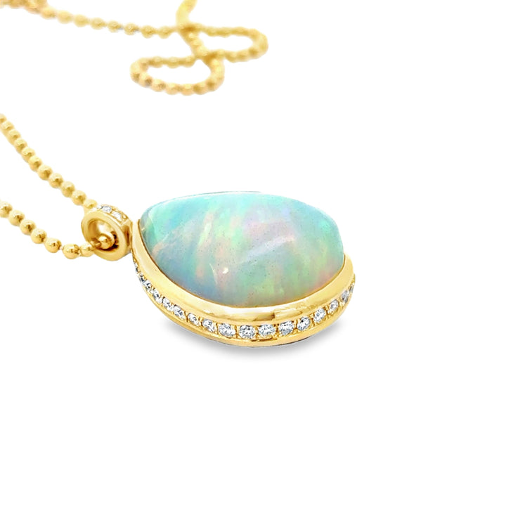 Custom Made Opal and Diamond 14K Yellow Gold Necklace