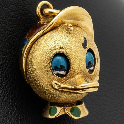 Rare - Donald Duck Mechincal 18K Yellow Gold and Enamel Pendant