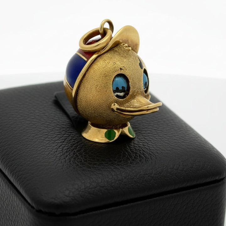 Rare - Donald Duck Mechincal 18K Yellow Gold and Enamel Pendant