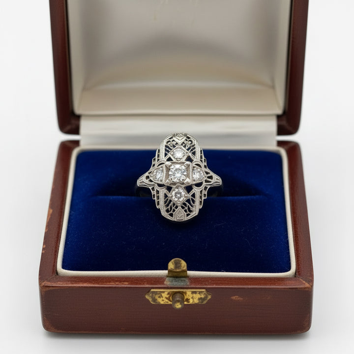 Estate Filigree Diamond and 14K White Gold Ring