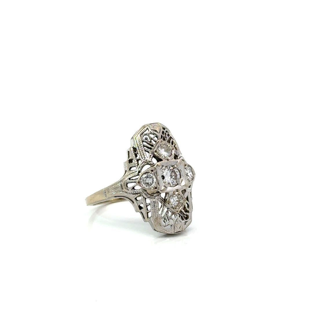 Estate Filigree Diamond and 14K White Gold Ring
