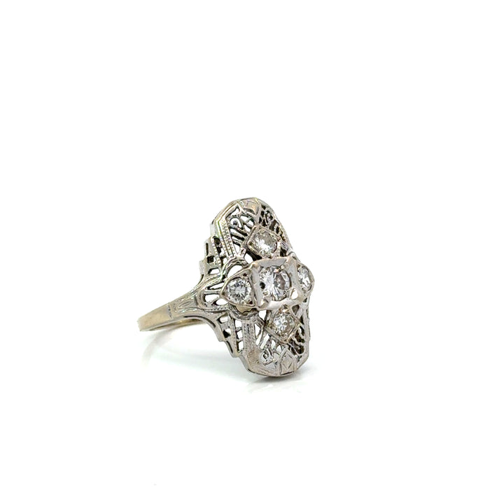 Estate Filigree Diamond and 14K White Gold Ring