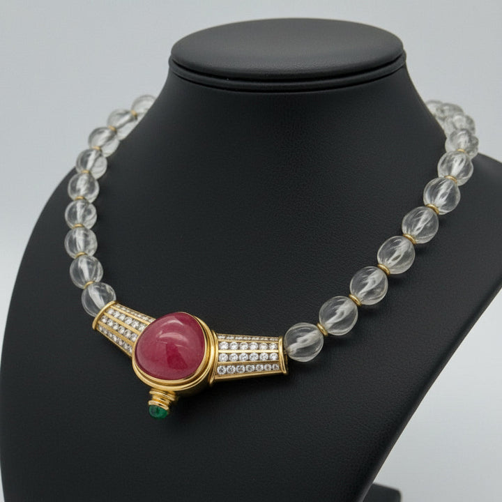 Rubellite, Emerald and Diamond Carved Rock Crystal 18K Yellow Gold Necklace.