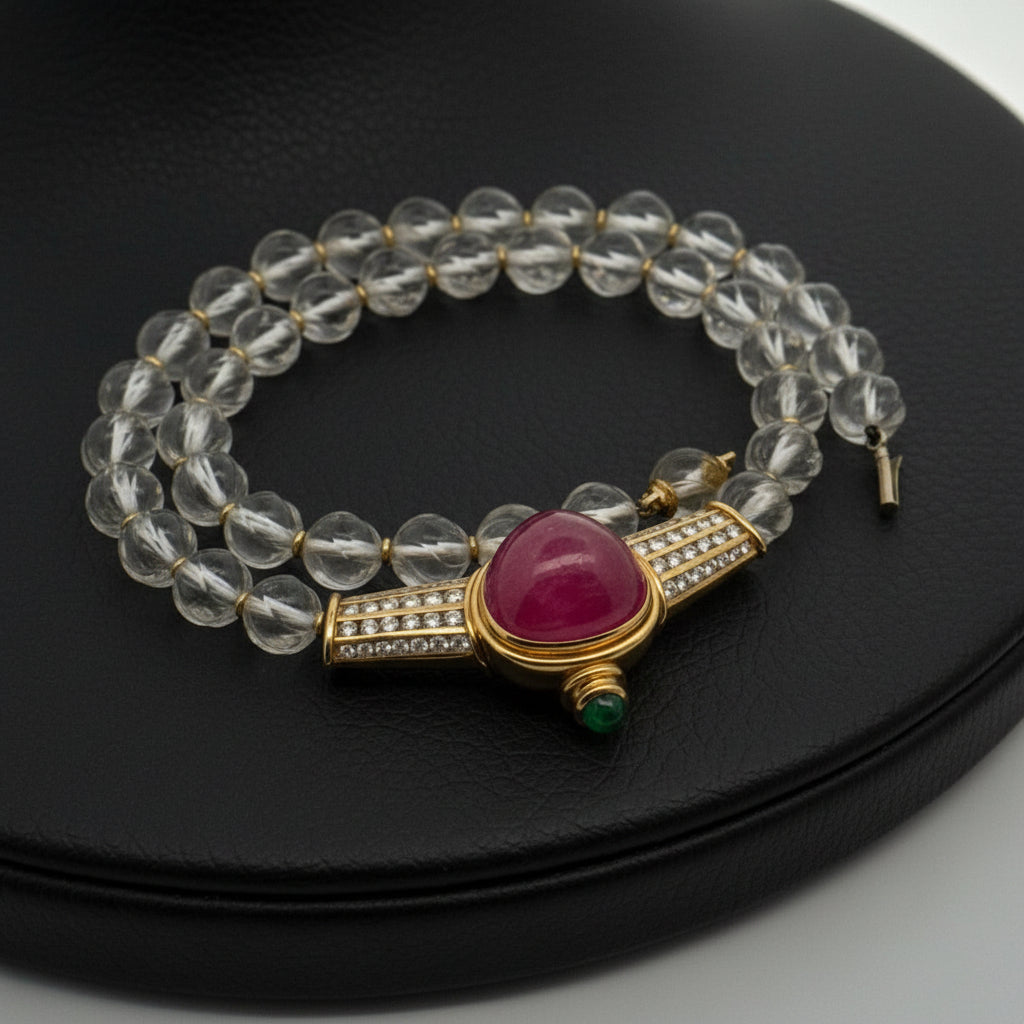 Rubellite, Emerald and Diamond Carved Rock Crystal 18K Yellow Gold Necklace.
