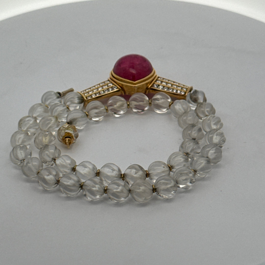 Rubellite, Emerald and Diamond Carved Rock Crystal 18K Yellow Gold Necklace.