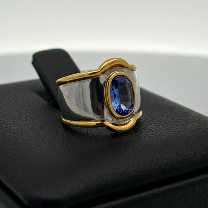Italian Designer Vaglio Sapphire 18K White and Yellow Gold Ring