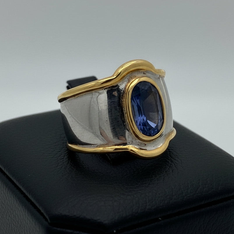 Italian Designer Vaglio Sapphire 18K White and Yellow Gold Ring