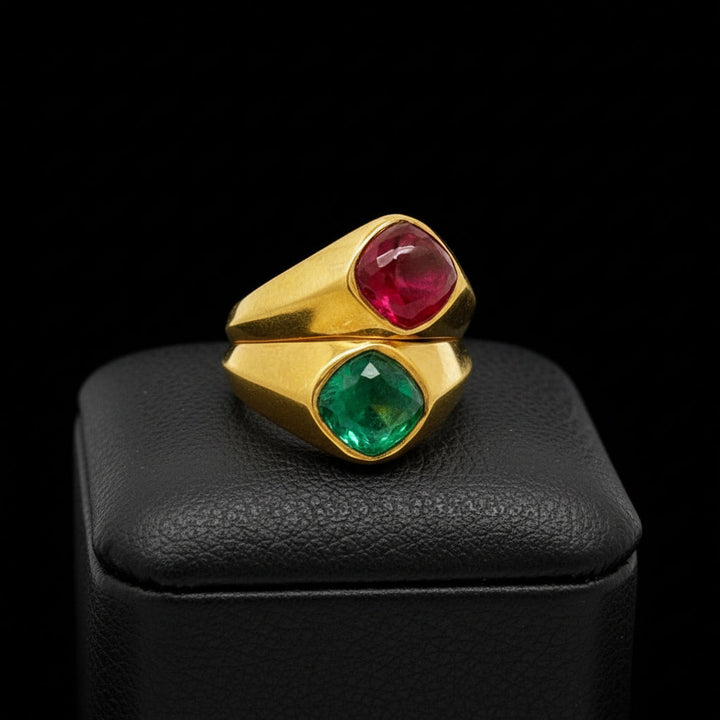 Italian Designer Vaglio Emerald and Ruby 18K Yellow Gold Ring