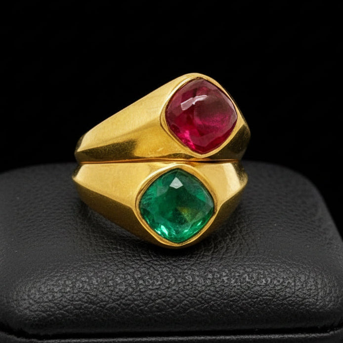 Italian Designer Vaglio Emerald and Ruby 18K Yellow Gold Ring