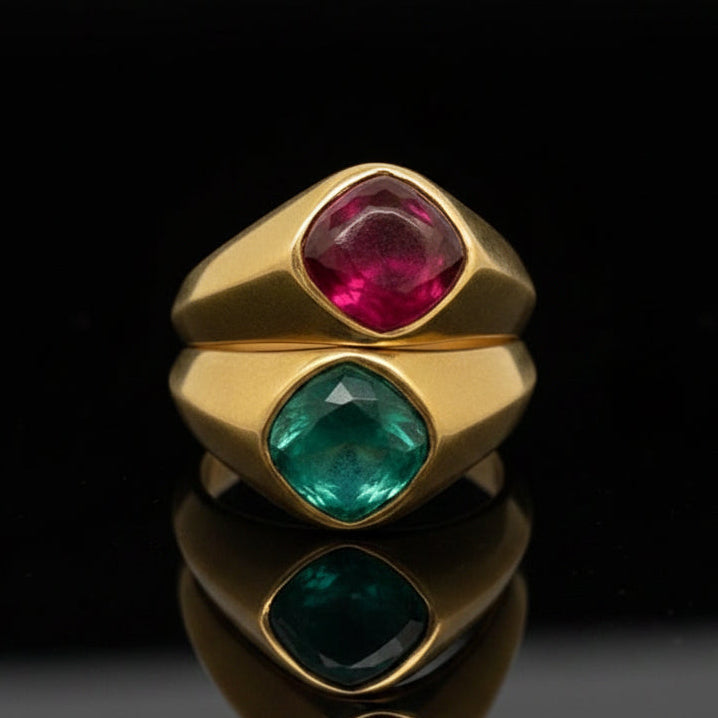 Italian Designer Vaglio Emerald and Ruby 18K Yellow Gold Ring