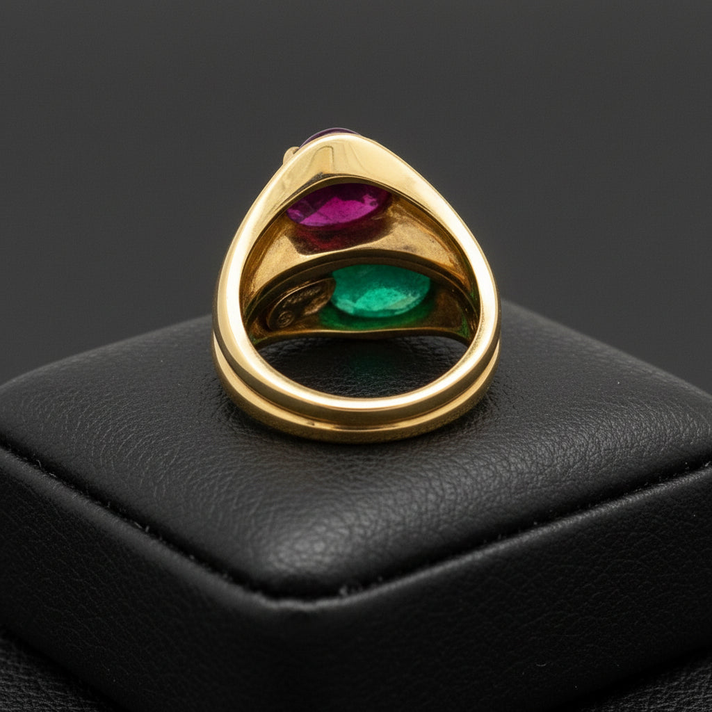 Italian Designer Vaglio Emerald and Ruby 18K Yellow Gold Ring