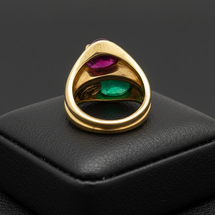 Italian Designer Vaglio Emerald and Ruby 18K Yellow Gold Ring