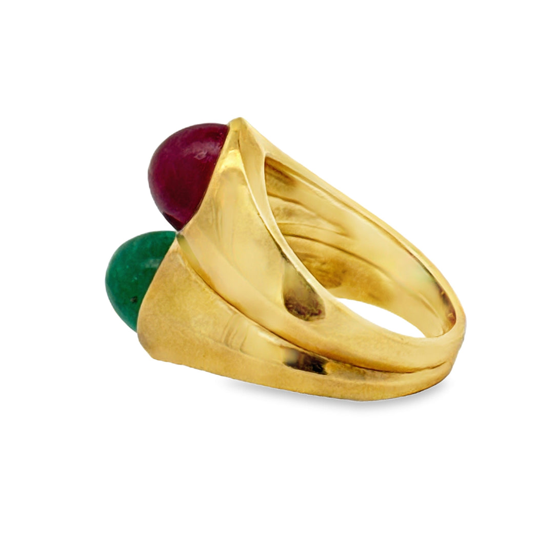 Italian Designer Vaglio Emerald and Ruby 18K Yellow Gold Ring