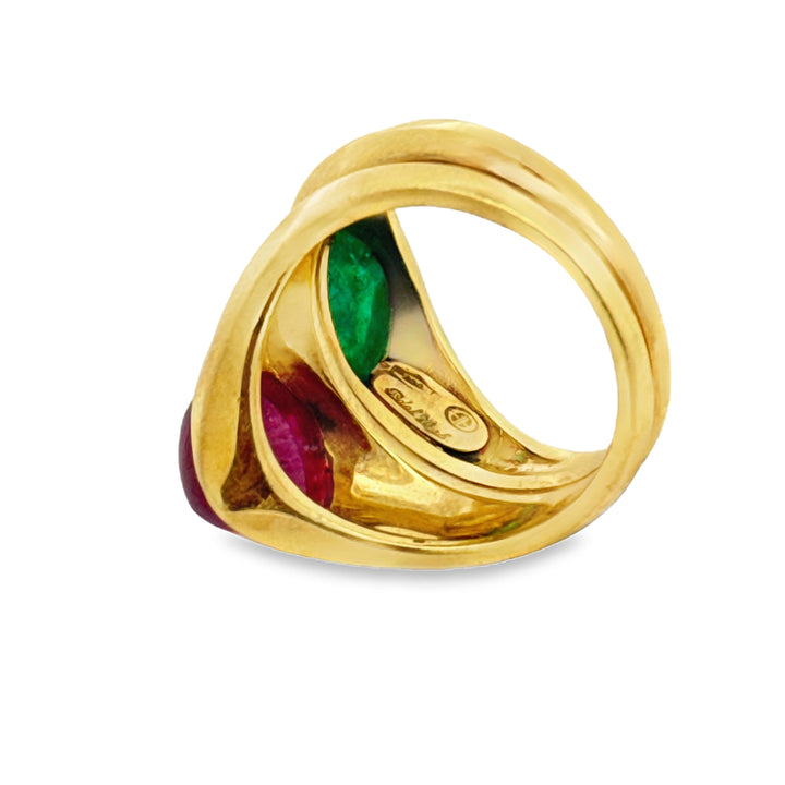 Italian Designer Vaglio Emerald and Ruby 18K Yellow Gold Ring