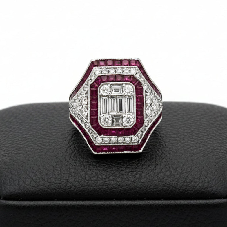 Modern French Cut Ruby and Diamond 18K White Gold Ring