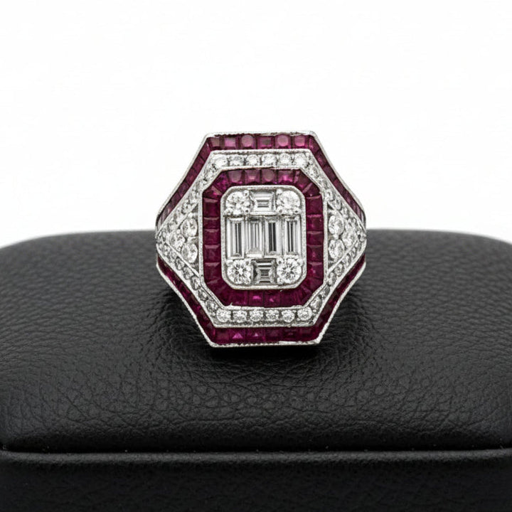Modern French Cut Ruby and Diamond 18K White Gold Ring